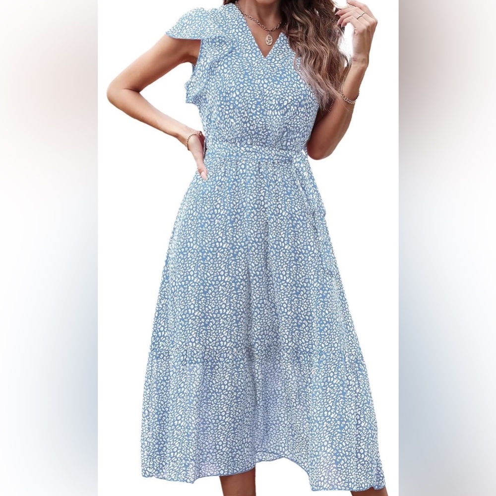 Blue Floral Print A-Line Midi Dress - Women's